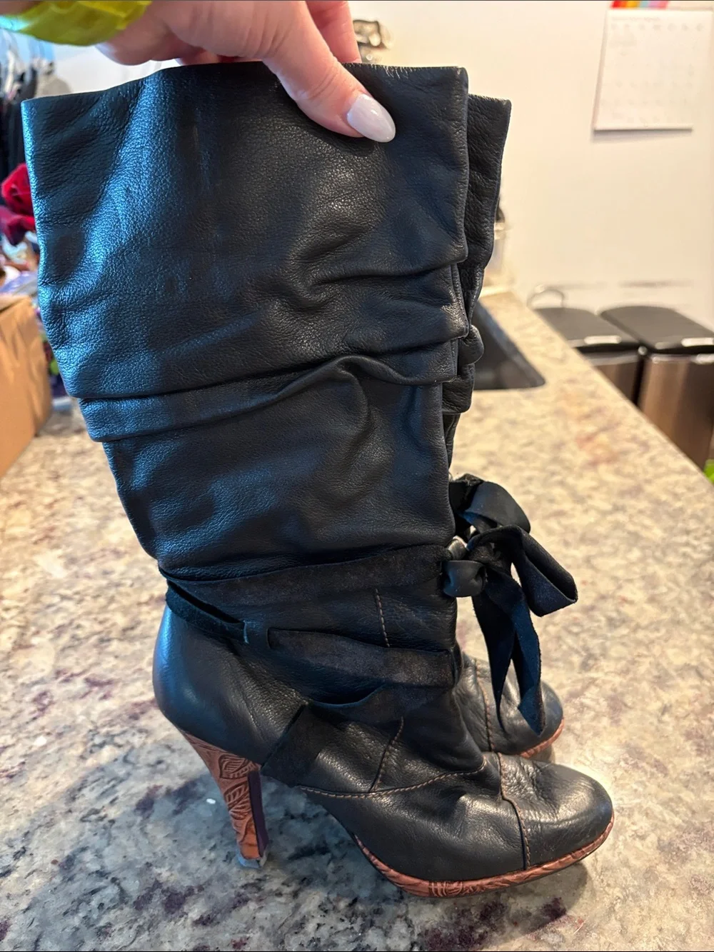 Kensie Black Over-the-Knee Leather Boots with Ribbon Ties